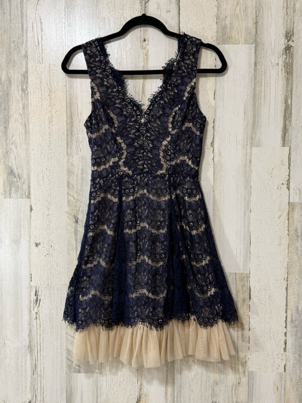 Trixxi Navy Lace Mini Dress with Cream Tulle Hem
